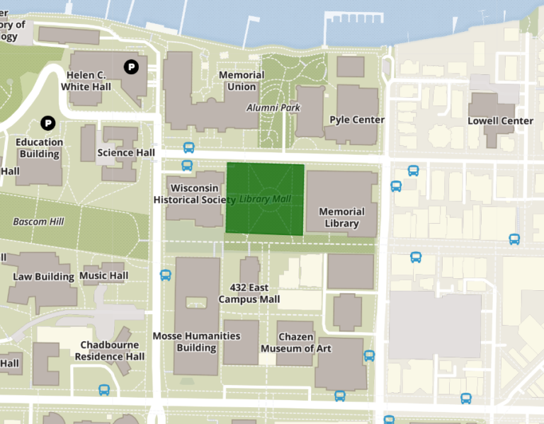 Image shows Library Mall which is located between the Wisconsin Historical Society and Memorial Library, just south of Memorial Union
