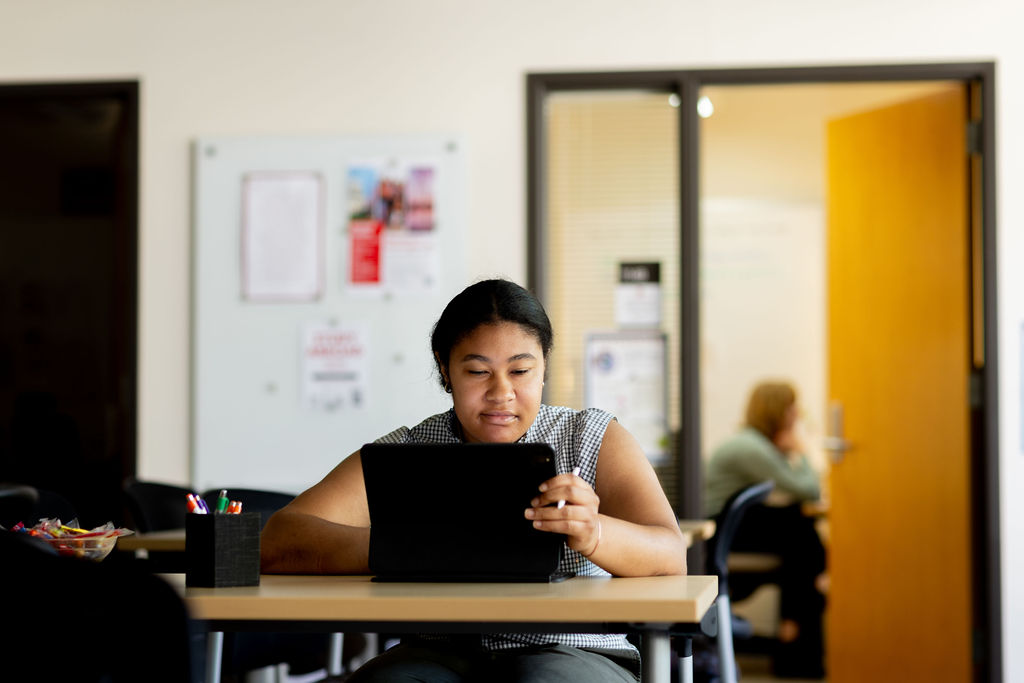 Student at a table looking into an open laptop.