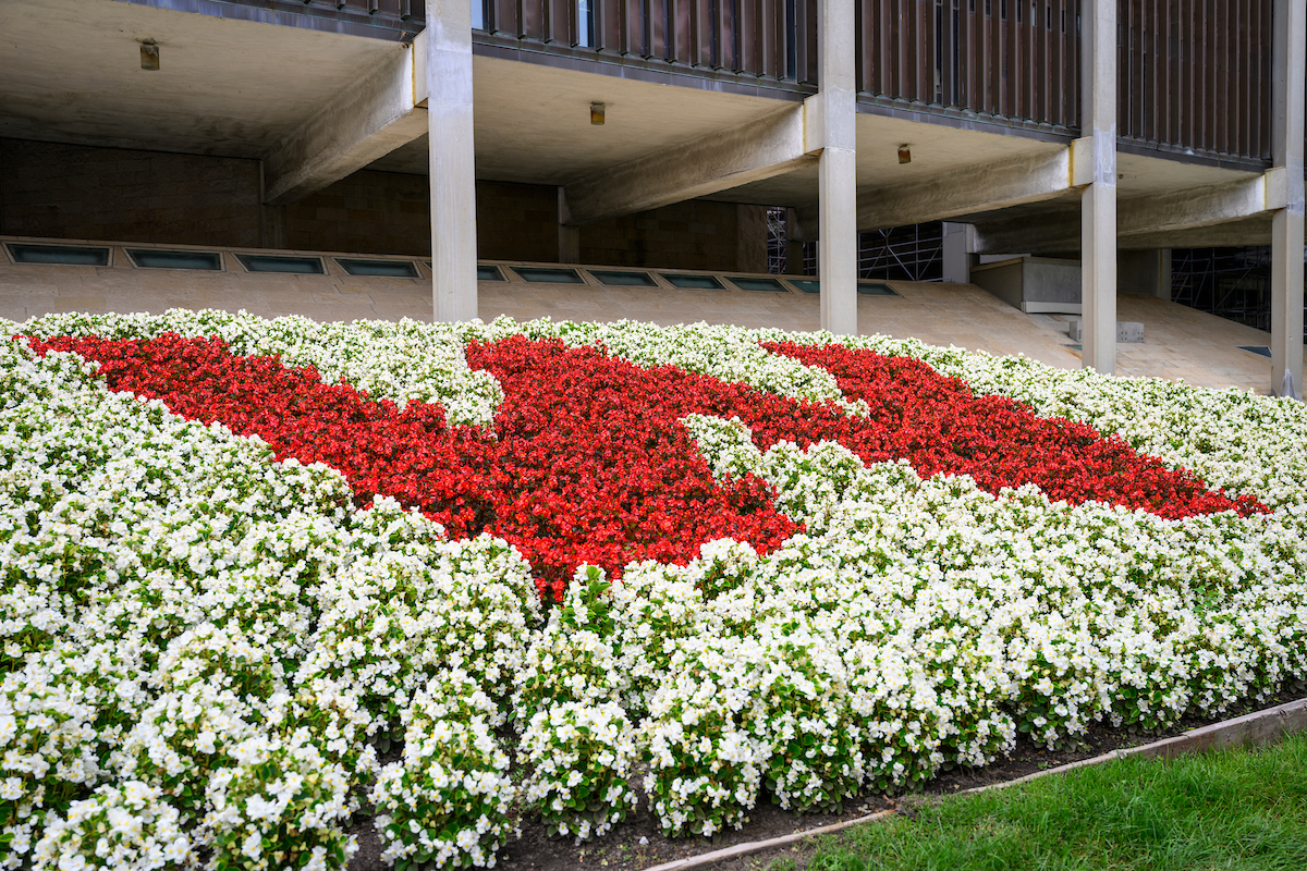 Flower bed in front of a large building with a W made of red and white begonias