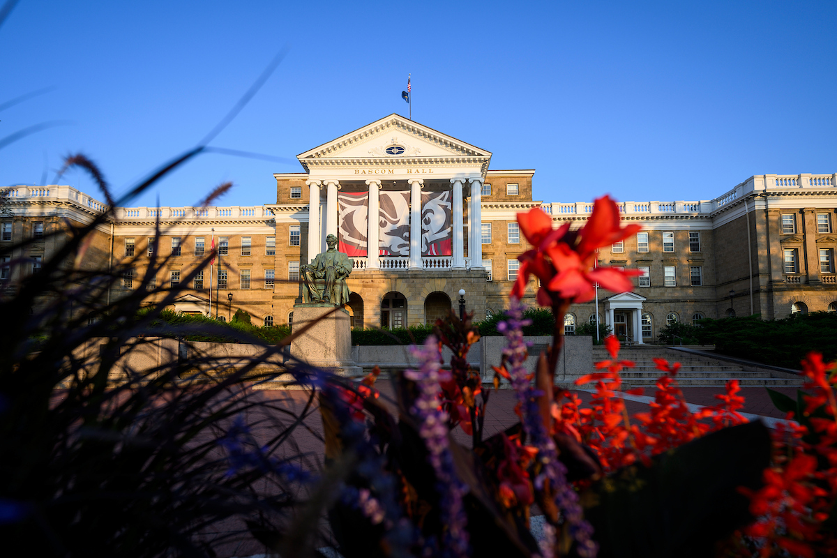 Flowers in front of Bascom Hall at dawn